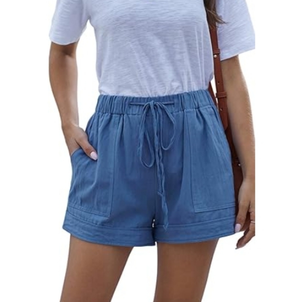 Casual Baggy Elastic Waist Drawstring Comfy Shorts Blue